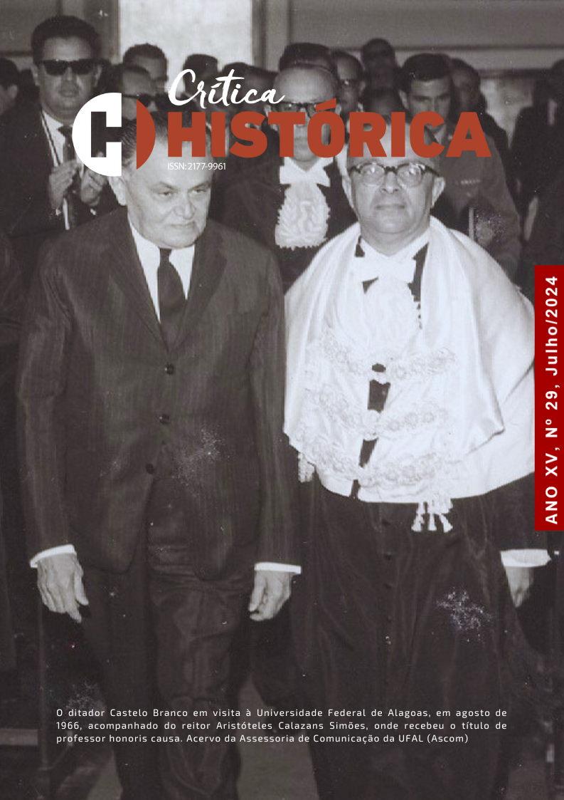 "O ditador Castelo Branco em visita à Universidade Federal de Alagoas, em agosto de 1966, acompanhado do reitor Aristóteles Calazans Simões, onde recebeu o título de professor honoris causa". Acervo da Assessoria de Comunicação da UFAL (Ascom).